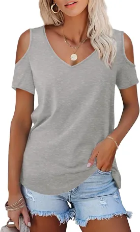 Amoretu Women's Short Sleeve Shirts Cold Shoulder Tops V Neck Blouse Tunic Shirts