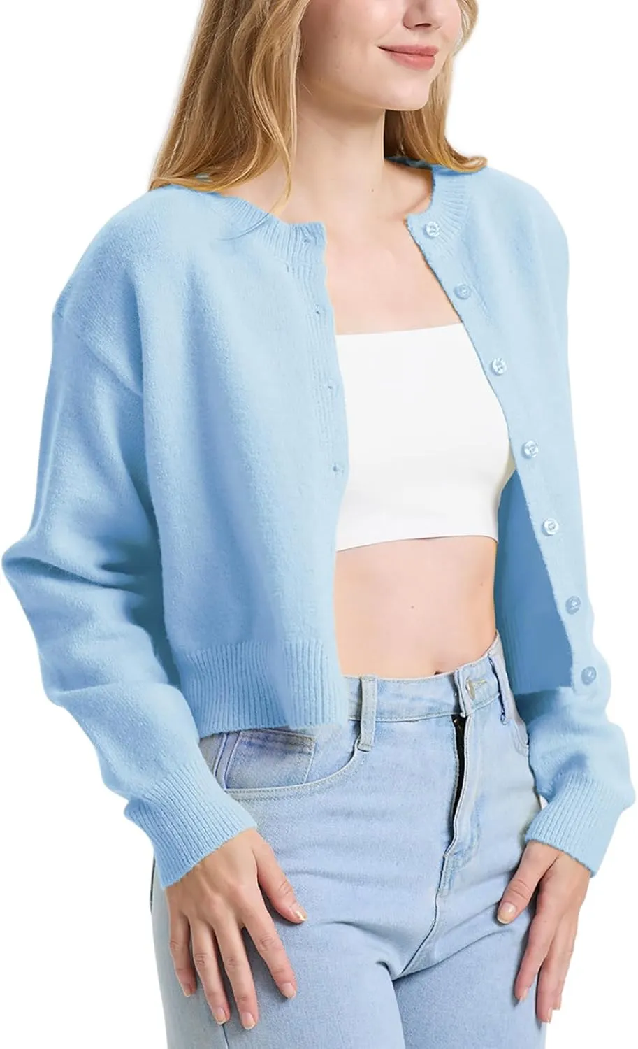 Balimtoy Women's Cropped Cardigan Sweaters Long Sleeve Button Down Sweaters Knit Cardigan Cute Y2k Open Front Crop Top