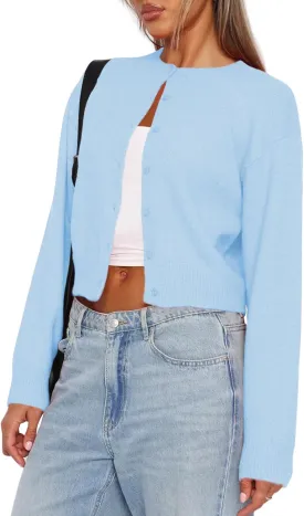 Balimtoy Women's Cropped Cardigan Sweaters Long Sleeve Button Down Sweaters Knit Cardigan Cute Y2k Open Front Crop Top