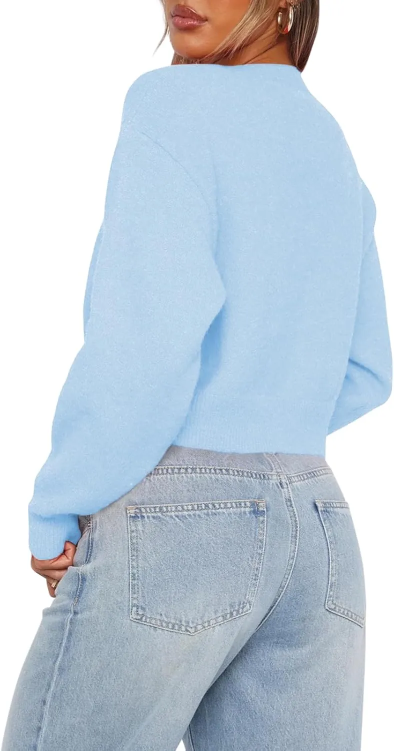 Balimtoy Women's Cropped Cardigan Sweaters Long Sleeve Button Down Sweaters Knit Cardigan Cute Y2k Open Front Crop Top