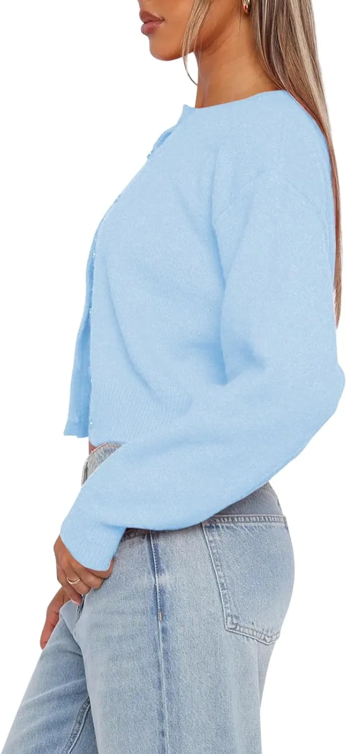 Balimtoy Women's Cropped Cardigan Sweaters Long Sleeve Button Down Sweaters Knit Cardigan Cute Y2k Open Front Crop Top