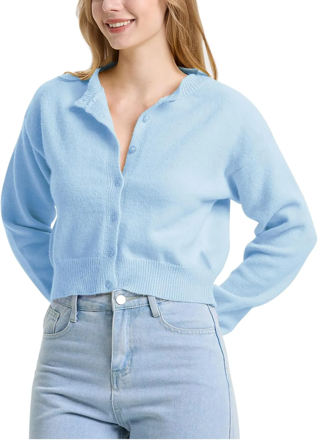 Balimtoy Women's Cropped Cardigan Sweaters Long Sleeve Button Down Sweaters Knit Cardigan Cute Y2k Open Front Crop Top