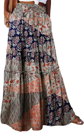 Boho Maxi Skirts for Women 2025 Casual Bohemian Tiered Long Pleated Skirt Hippie High Waisted Aline Beach Flowy Skirt