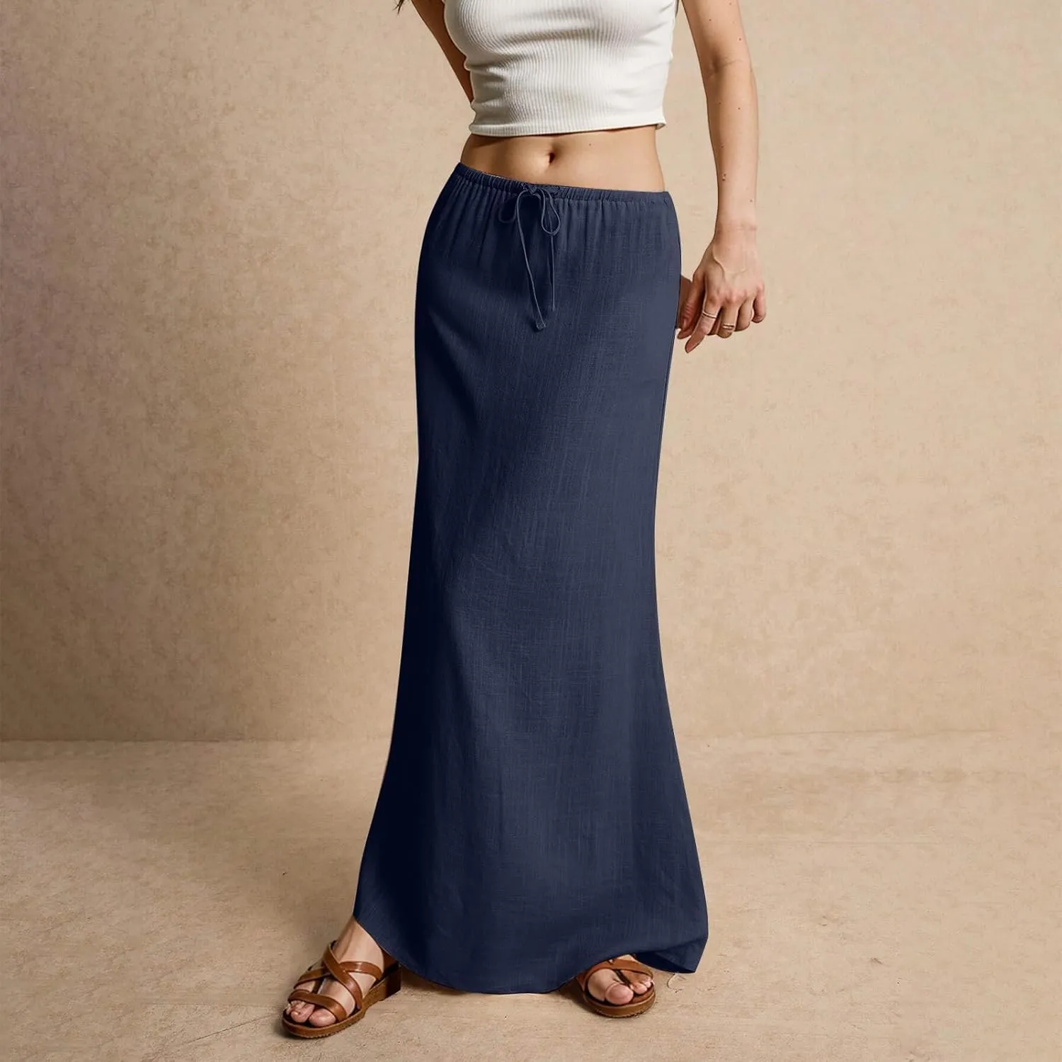 Cotton Linen Skirts for Women Maxi Length Summer Skirts Low Rise A-Line Casual Drawstring Long Flowy Loose Beach Skirt