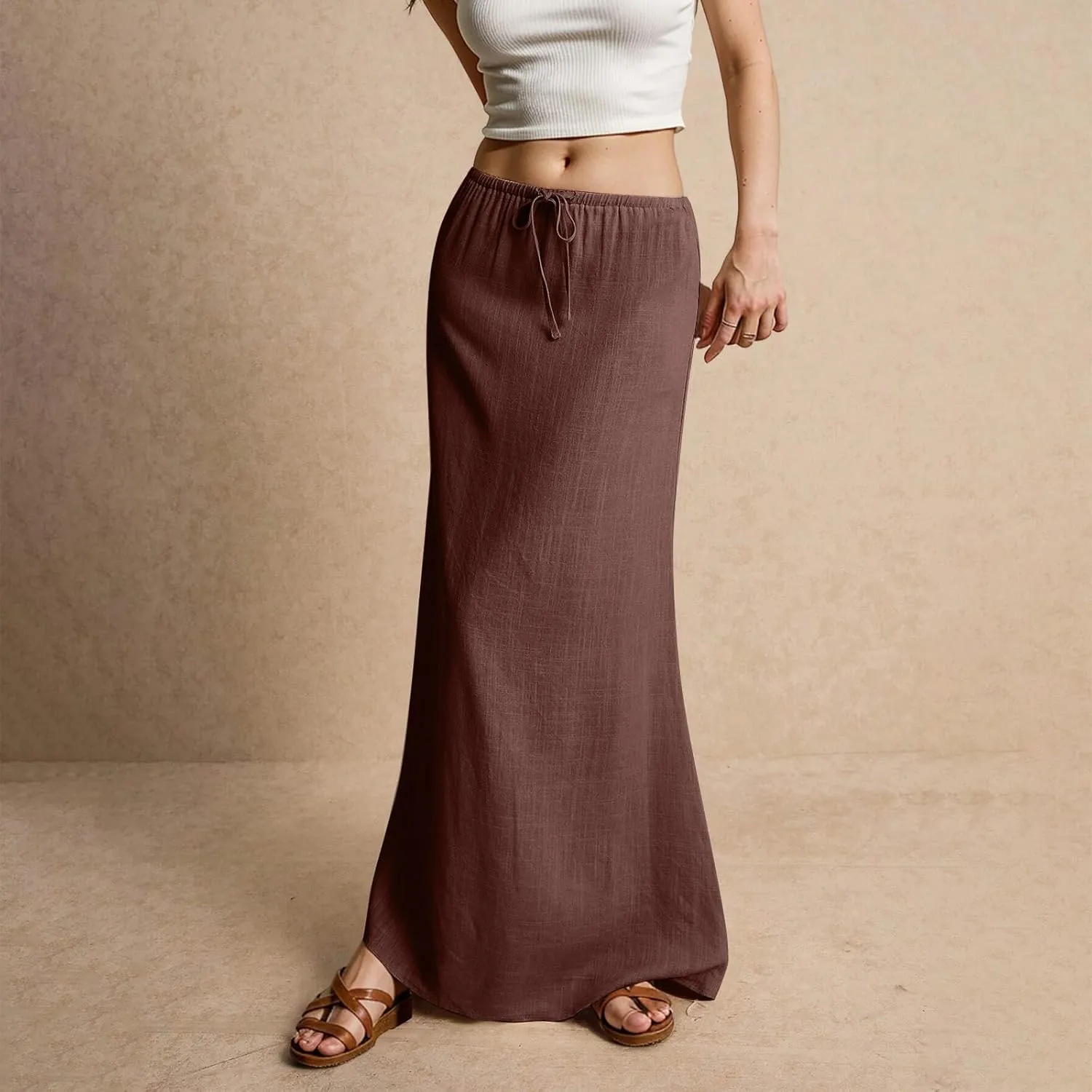 Cotton Linen Skirts for Women Maxi Length Summer Skirts Low Rise A-Line Casual Drawstring Long Flowy Loose Beach Skirt