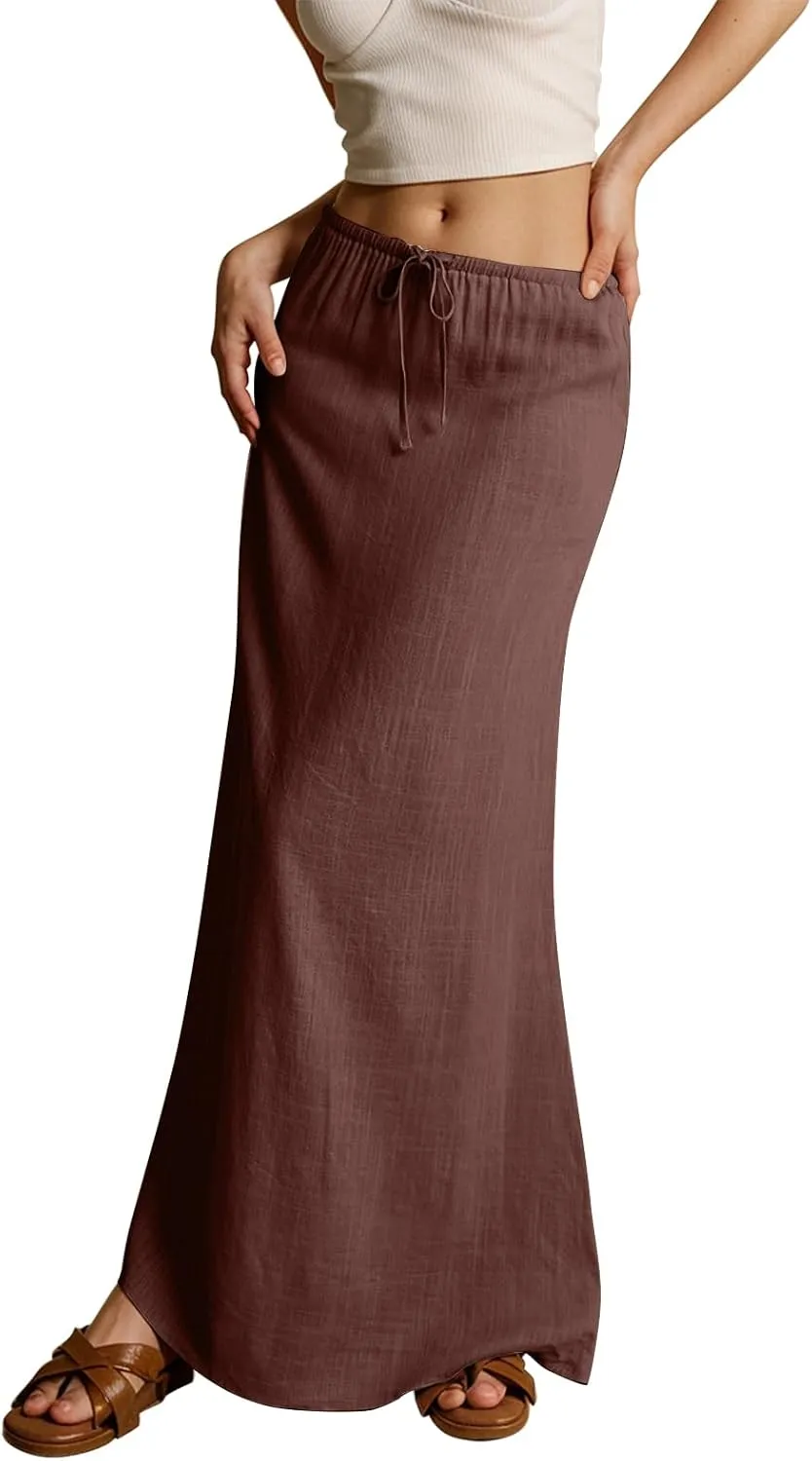 Cotton Linen Skirts for Women Maxi Length Summer Skirts Low Rise A-Line Casual Drawstring Long Flowy Loose Beach Skirt