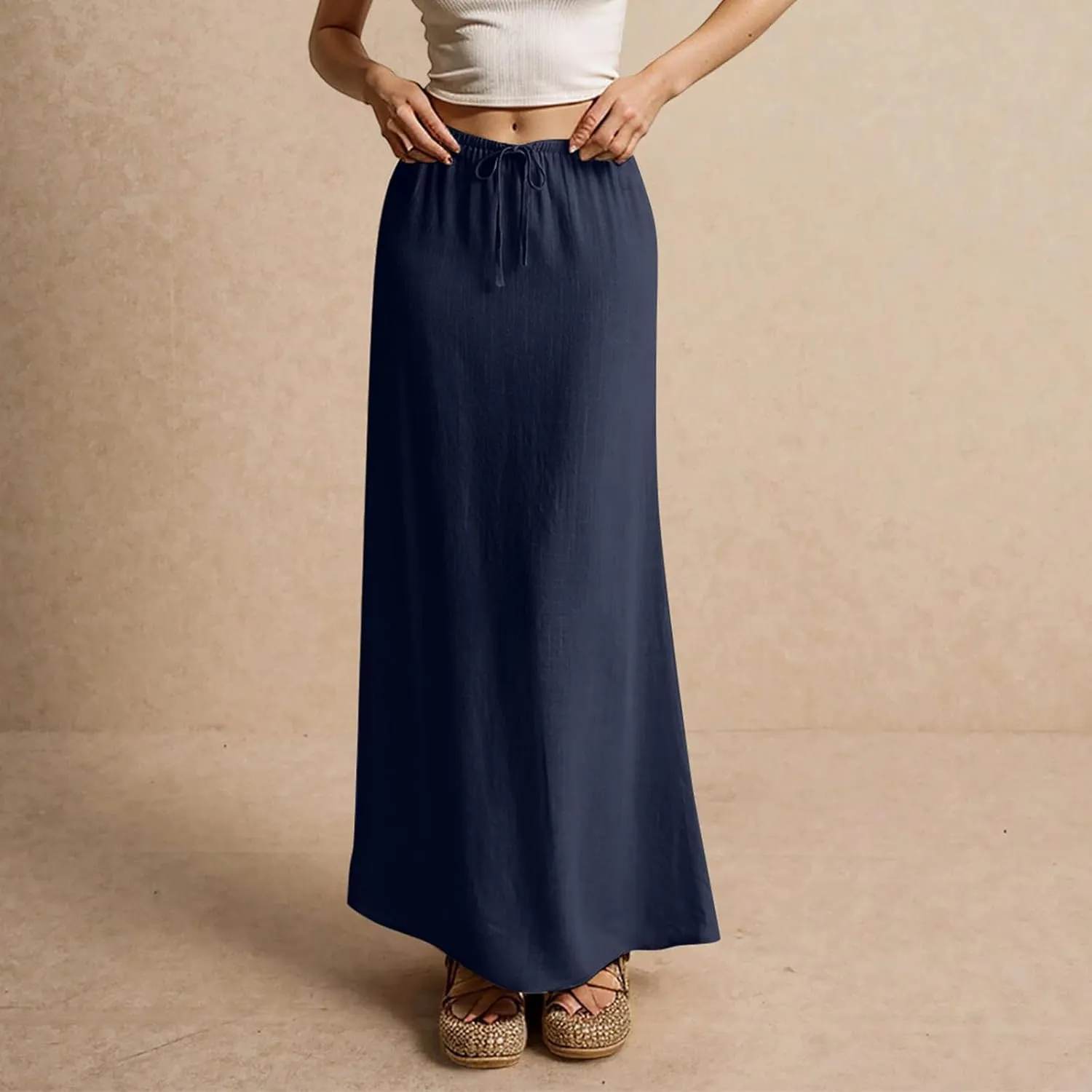 Cotton Linen Skirts for Women Maxi Length Summer Skirts Low Rise A-Line Casual Drawstring Long Flowy Loose Beach Skirt