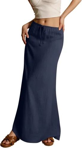 Cotton Linen Skirts for Women Maxi Length Summer Skirts Low Rise A-Line Casual Drawstring Long Flowy Loose Beach Skirt