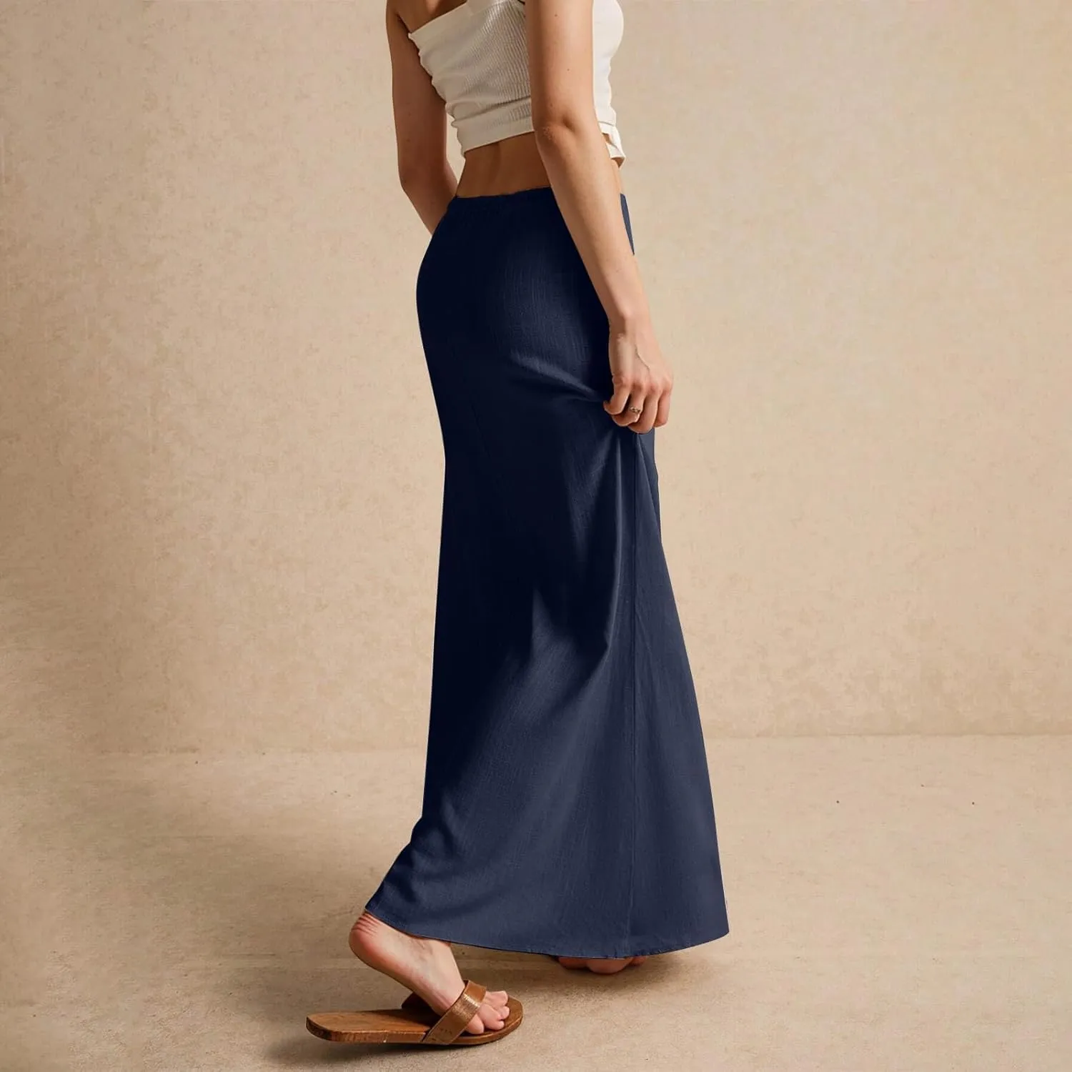 Cotton Linen Skirts for Women Maxi Length Summer Skirts Low Rise A-Line Casual Drawstring Long Flowy Loose Beach Skirt