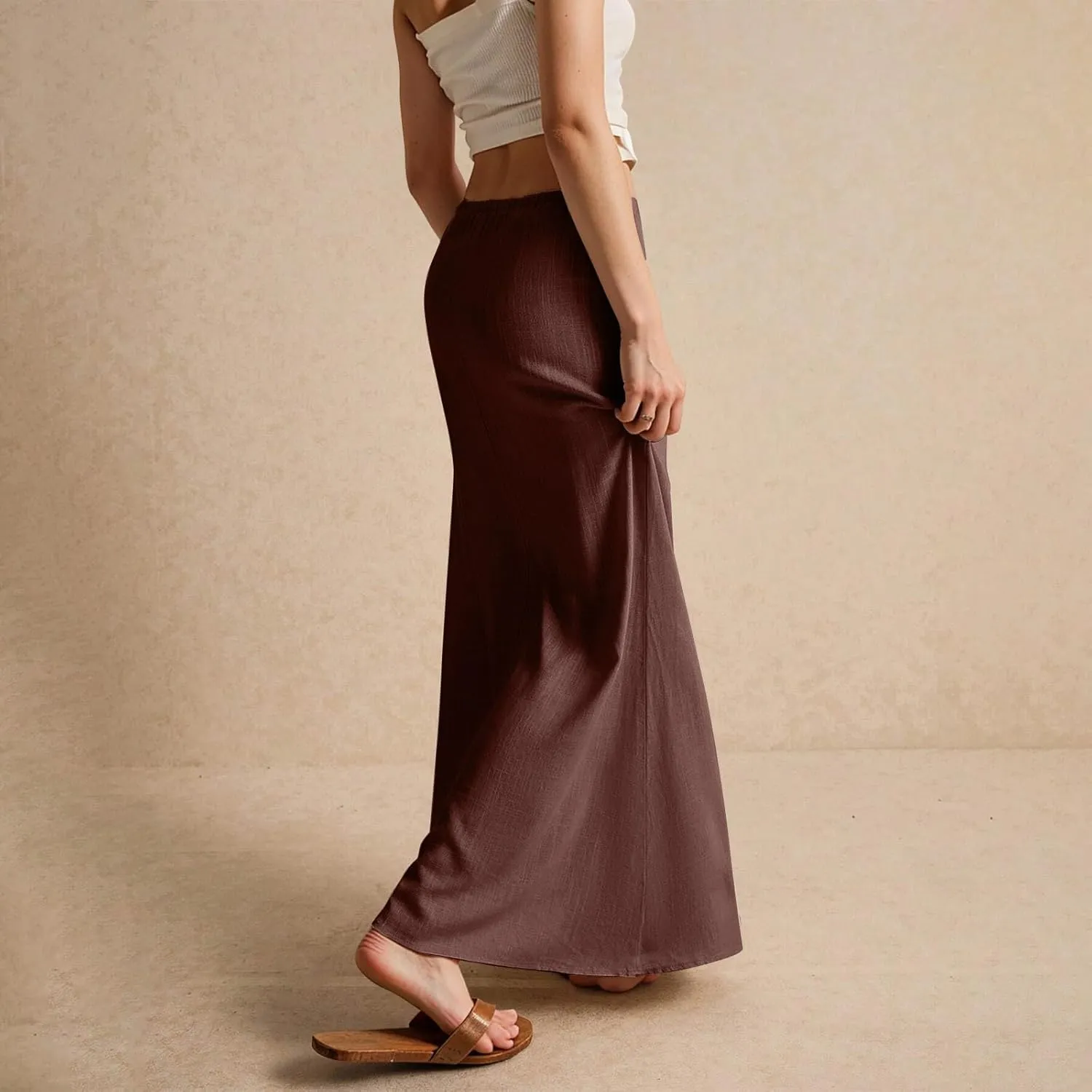 Cotton Linen Skirts for Women Maxi Length Summer Skirts Low Rise A-Line Casual Drawstring Long Flowy Loose Beach Skirt