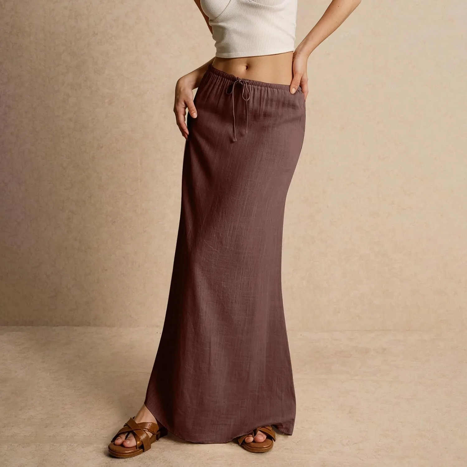 Cotton Linen Skirts for Women Maxi Length Summer Skirts Low Rise A-Line Casual Drawstring Long Flowy Loose Beach Skirt