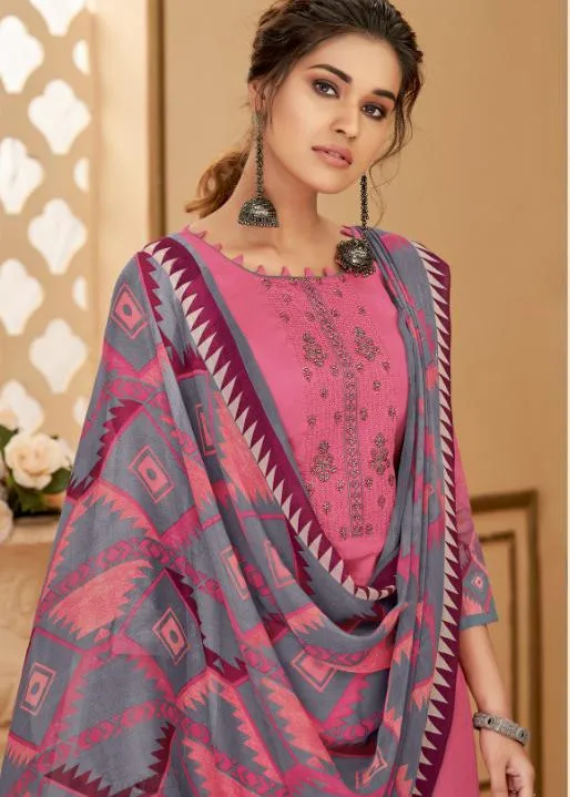 Cotton Unstitched Pink Salwar Suits Material with Chiffon Dupatta for Woman