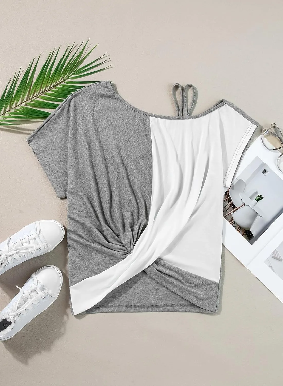 Dokotoo T Shirts for Women Twist Knot Color Block Loose Fit Cold Shoulder Tops for Women Fashion 2025
