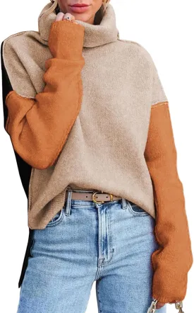 Dokotoo Womens Turtleneck Sweaters Casual Long Sleeve Color Block Side Slit Pullover Knit Jumper Tops