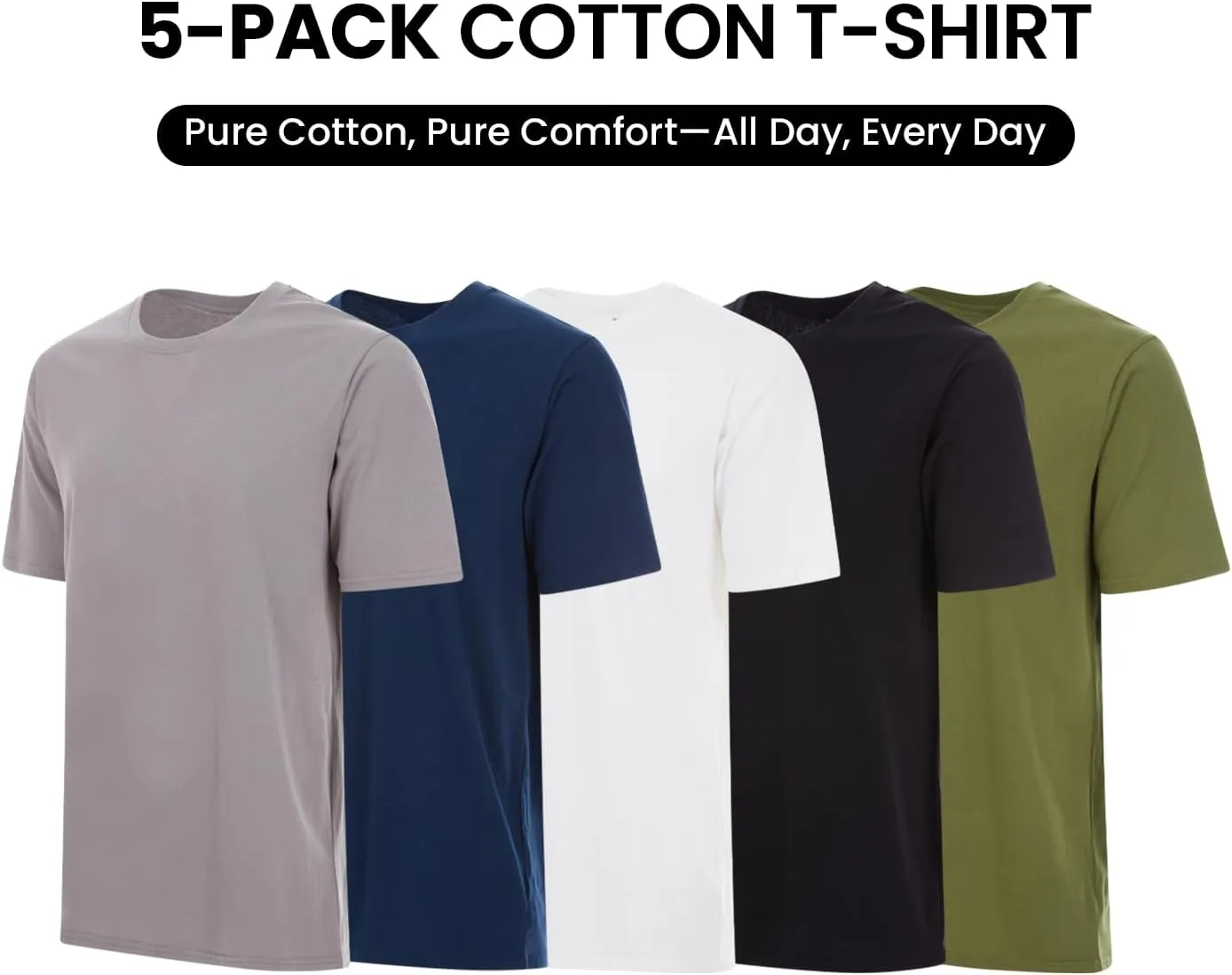 Essential Elements 5 Pack: Men's Crew Neck 100% Pure Cotton Breathable Short Sleeve T-Shirt