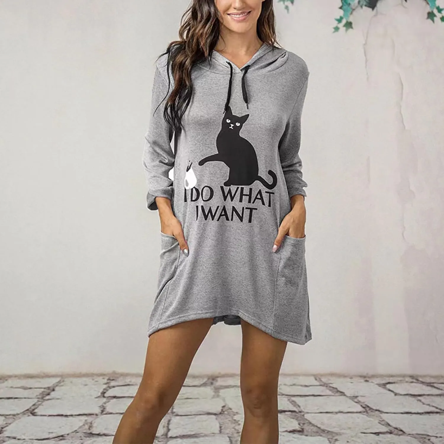 Gesaofa I Do What I Want Cat Graphic Hoodies for Women Irregular Hem 3/4 Sleeve Cat Ear Hooded Tunic Tops with Pockets