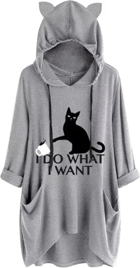 Gesaofa I Do What I Want Cat Graphic Hoodies for Women Irregular Hem 3/4 Sleeve Cat Ear Hooded Tunic Tops with Pockets