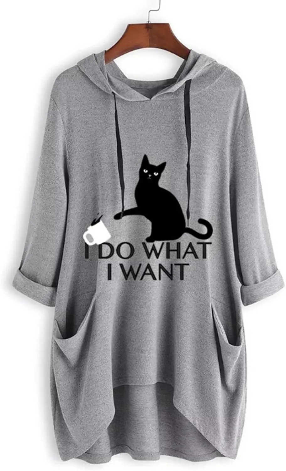 Gesaofa I Do What I Want Cat Graphic Hoodies for Women Irregular Hem 3/4 Sleeve Cat Ear Hooded Tunic Tops with Pockets