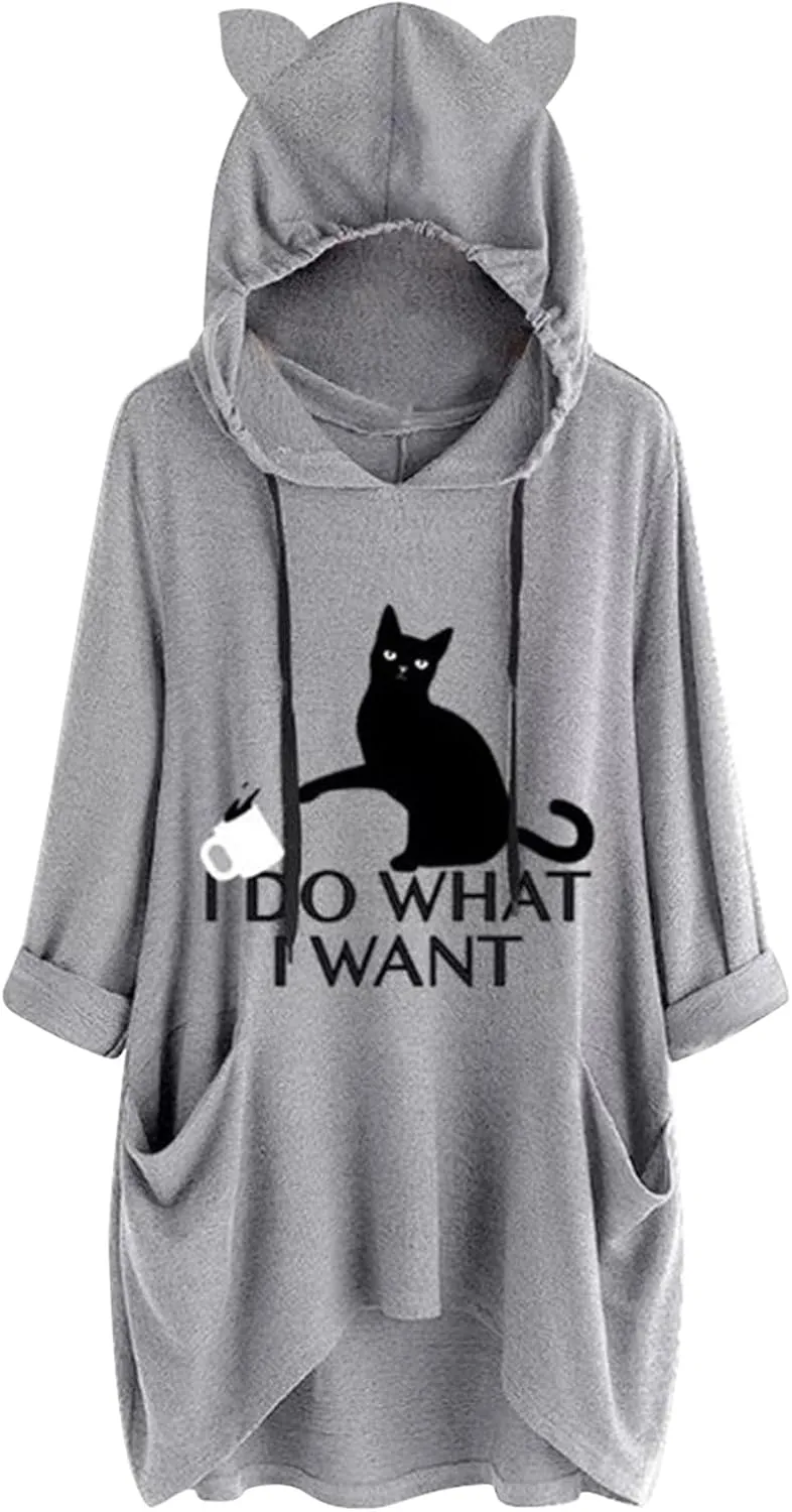 Gesaofa I Do What I Want Cat Graphic Hoodies for Women Irregular Hem 3/4 Sleeve Cat Ear Hooded Tunic Tops with Pockets