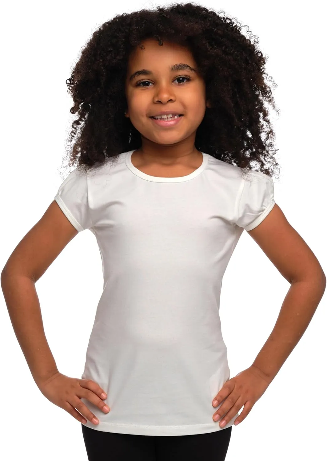 Girls Basic Short Puff Sleeve Round Neck T-Shirt, Turkish Cotton Round Neck Tee Tops