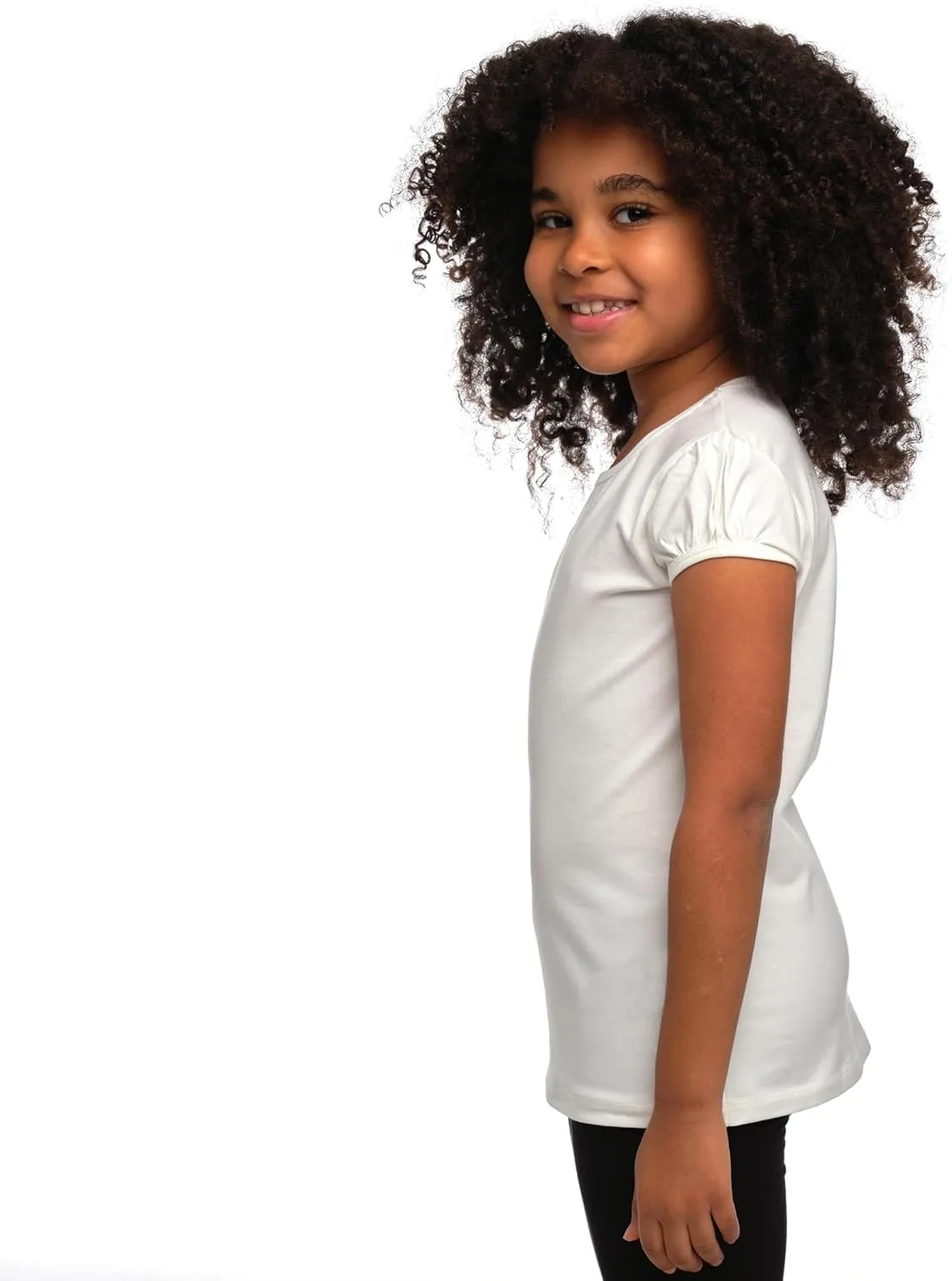 Girls Basic Short Puff Sleeve Round Neck T-Shirt, Turkish Cotton Round Neck Tee Tops