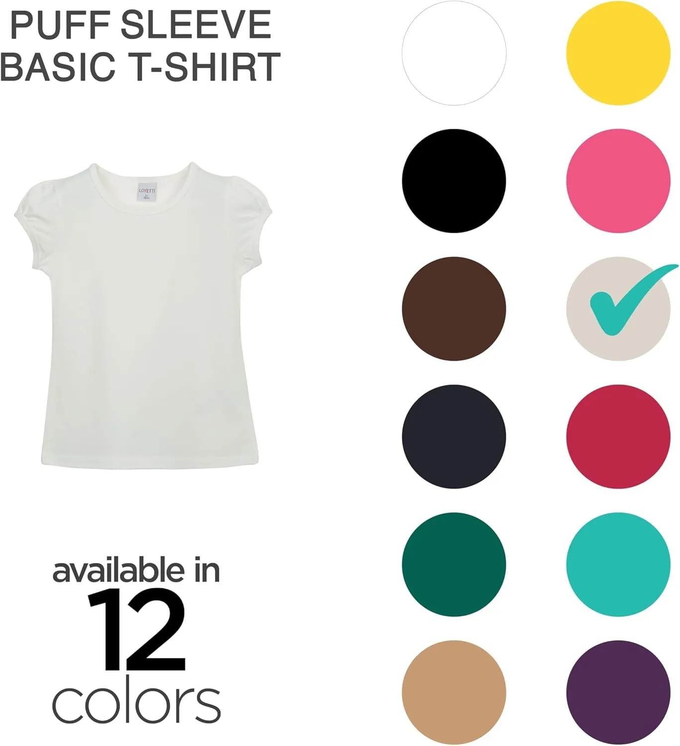 Girls Basic Short Puff Sleeve Round Neck T-Shirt, Turkish Cotton Round Neck Tee Tops