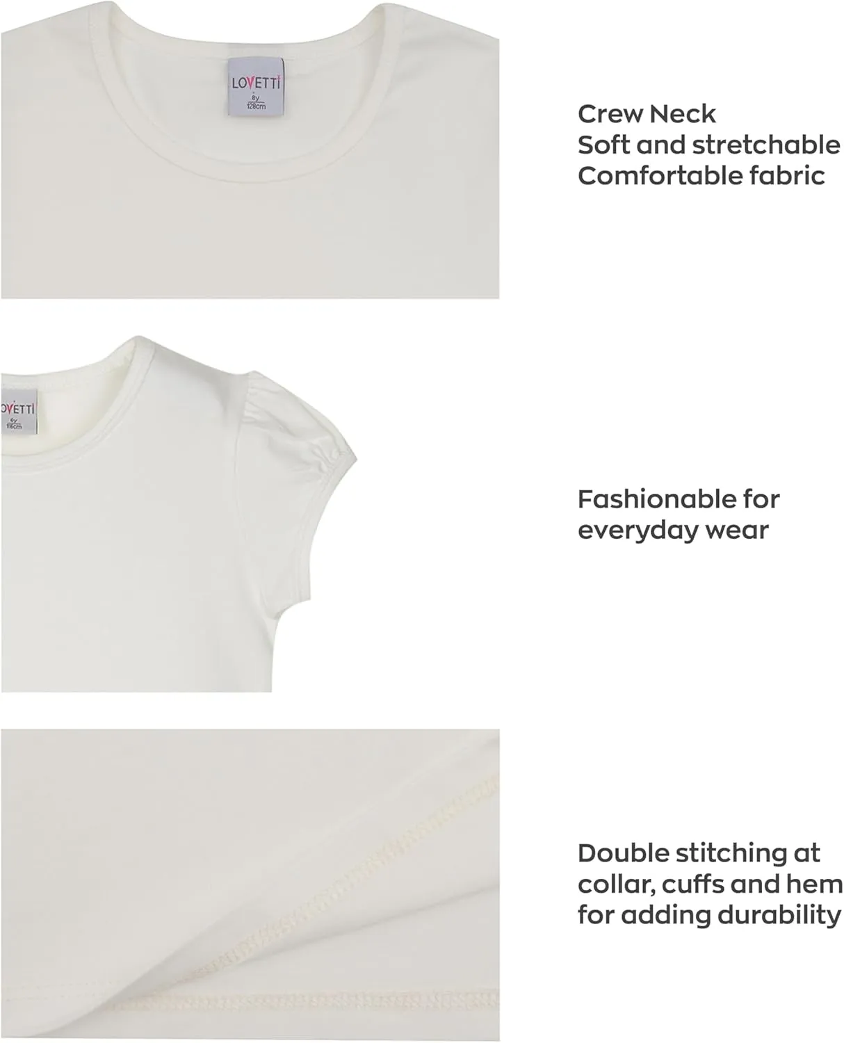 Girls Basic Short Puff Sleeve Round Neck T-Shirt, Turkish Cotton Round Neck Tee Tops