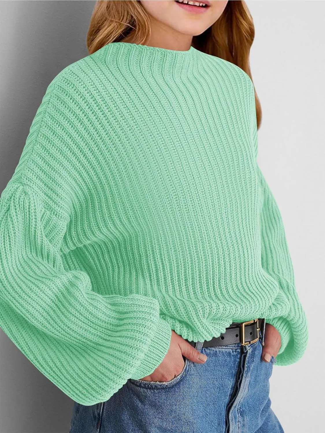 Girls Oversized Long Sleeve Sweaters Kids Drop Shoulder Batwing Crewneck Pullover Clothes 5-14 Years