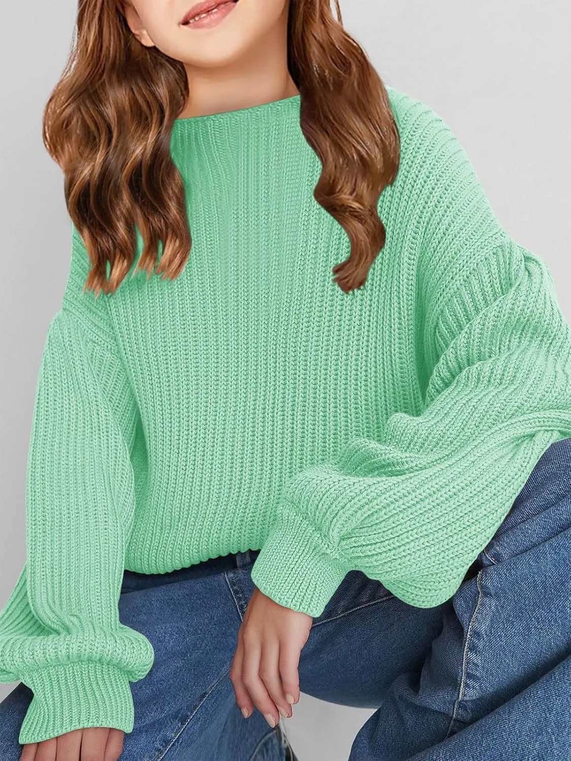 Girls Oversized Long Sleeve Sweaters Kids Drop Shoulder Batwing Crewneck Pullover Clothes 5-14 Years