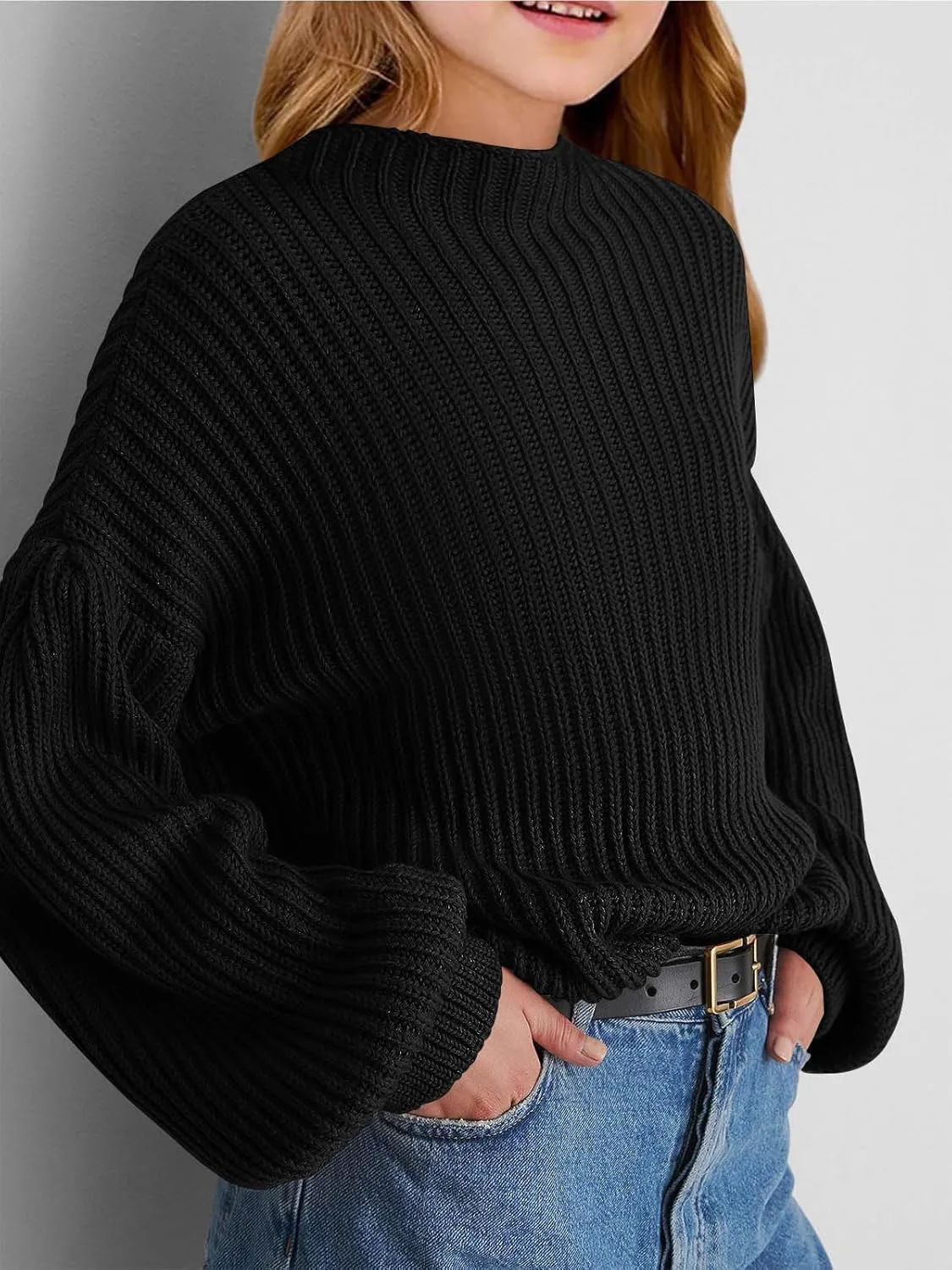 Girls Oversized Long Sleeve Sweaters Kids Drop Shoulder Batwing Crewneck Pullover Clothes 5-14 Years