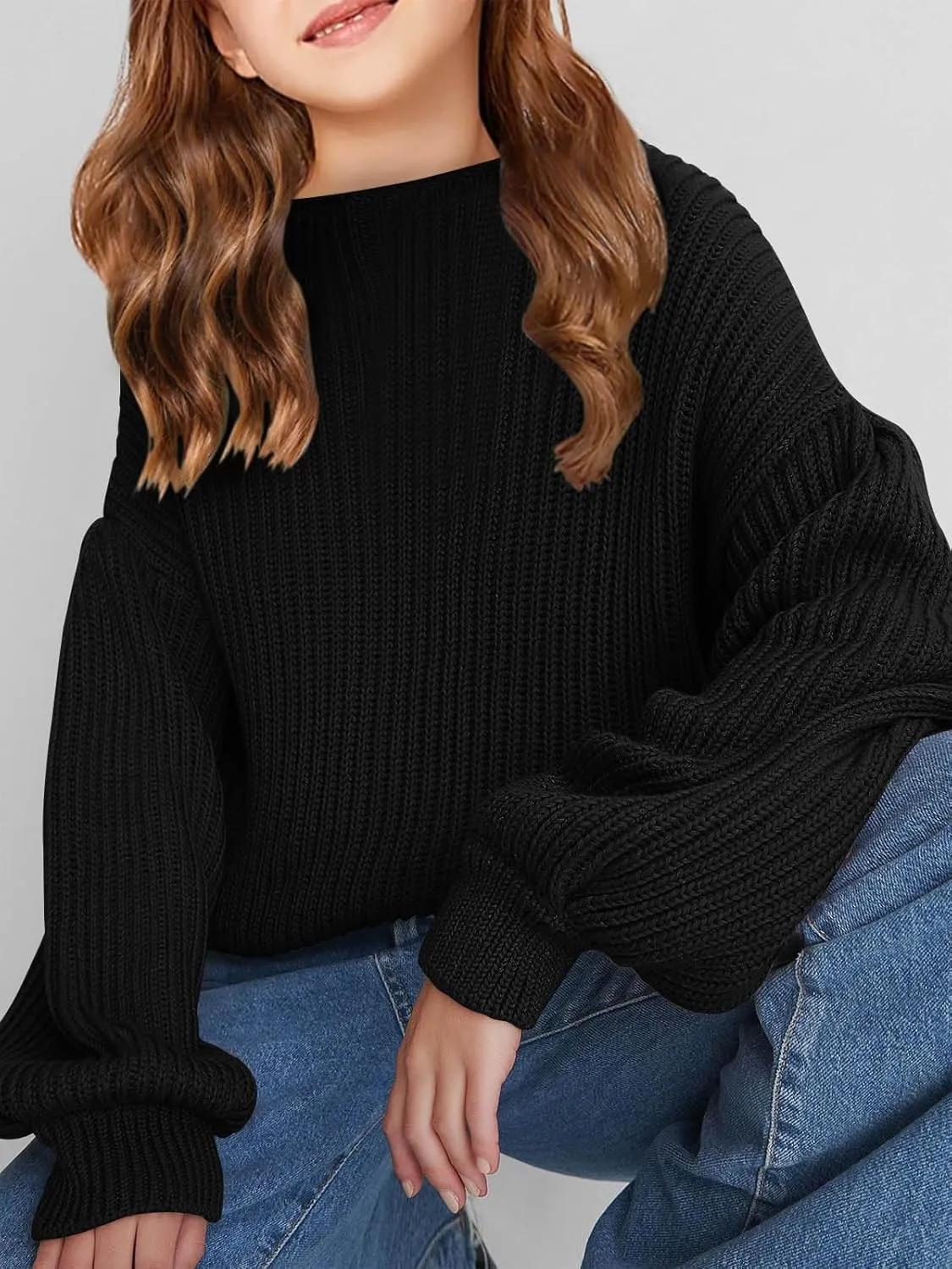 Girls Oversized Long Sleeve Sweaters Kids Drop Shoulder Batwing Crewneck Pullover Clothes 5-14 Years