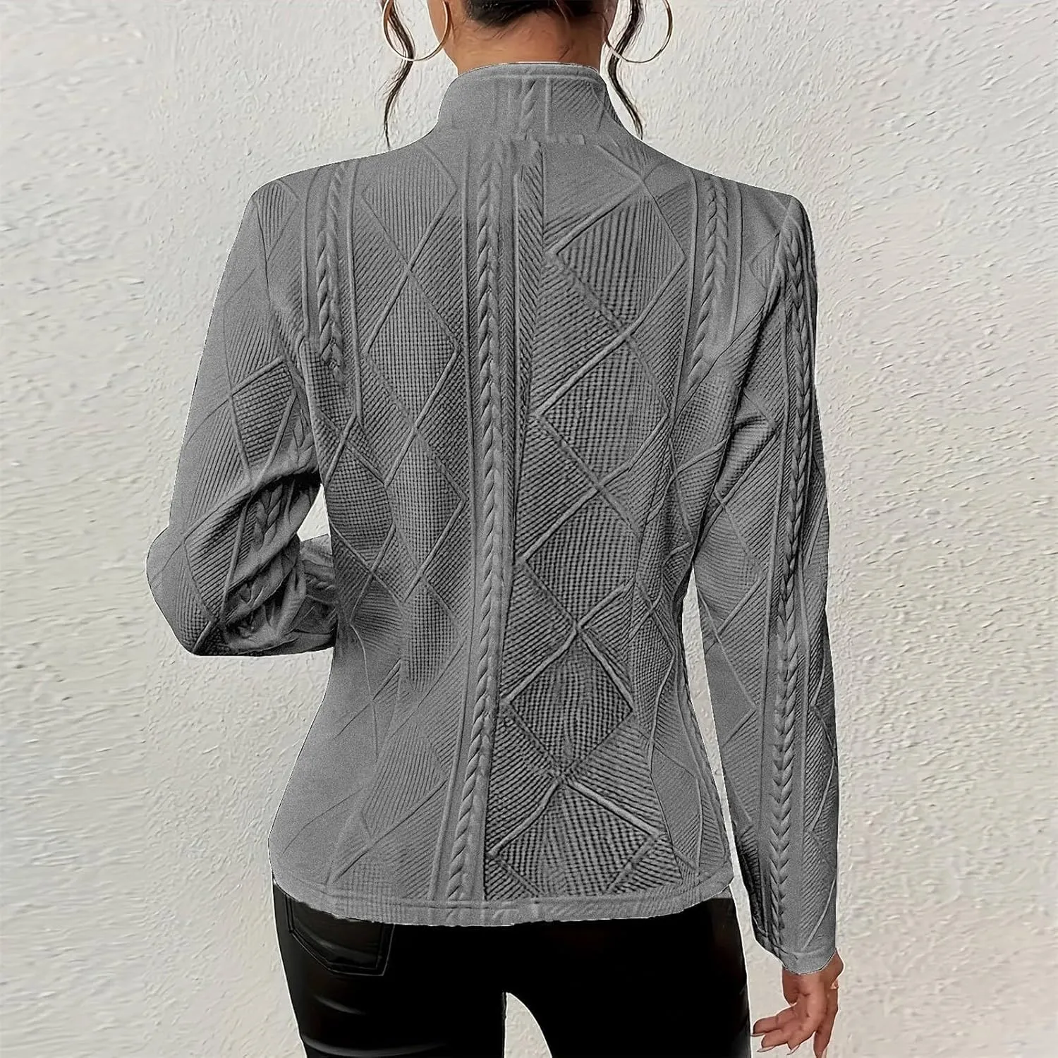 HGps8w Women's Jacquard Cropped Office Jackets, Dressy Stand Collar Business Casual Button Up Elegant Outerwear Coats