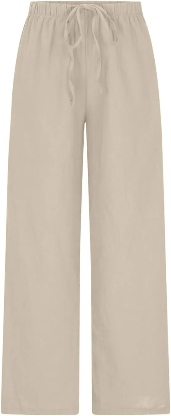 Hvyesh Womens Linen Pants Wide Leg with Pockets Drawstring Casual Flowy Palazzo