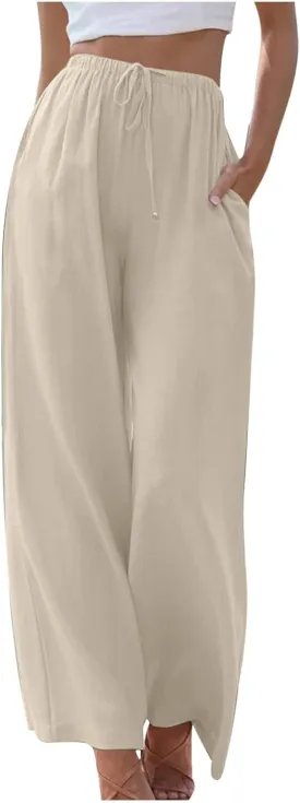 Hvyesh Womens Linen Pants Wide Leg with Pockets Drawstring Casual Flowy Palazzo