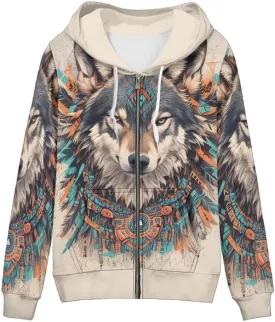 Irisjudy Island Tribal Zipper Women Hoodies with Pocket, Leopard Print,Music Notes Plus Size Hooded Sweatshirt Sport Coat