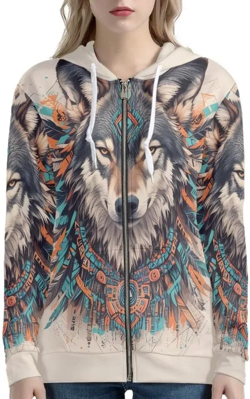 Irisjudy Island Tribal Zipper Women Hoodies with Pocket, Leopard Print,Music Notes Plus Size Hooded Sweatshirt Sport Coat
