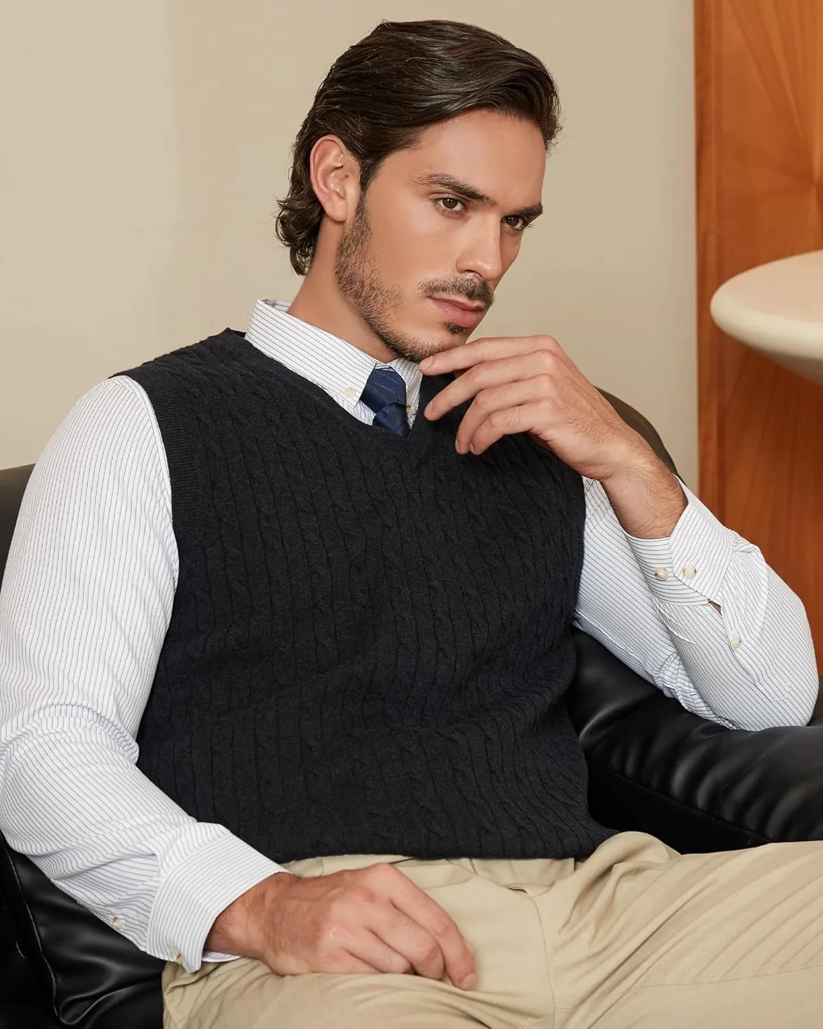 Kallspin Mens Cable Knit Sweater Vest Pure Cotton V-Neck Sleeveless Knitted Pullover for Fall Winter