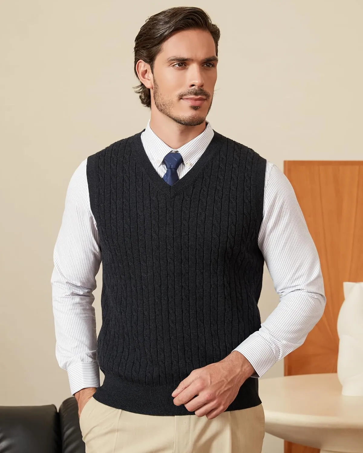 Kallspin Mens Cable Knit Sweater Vest Pure Cotton V-Neck Sleeveless Knitted Pullover for Fall Winter