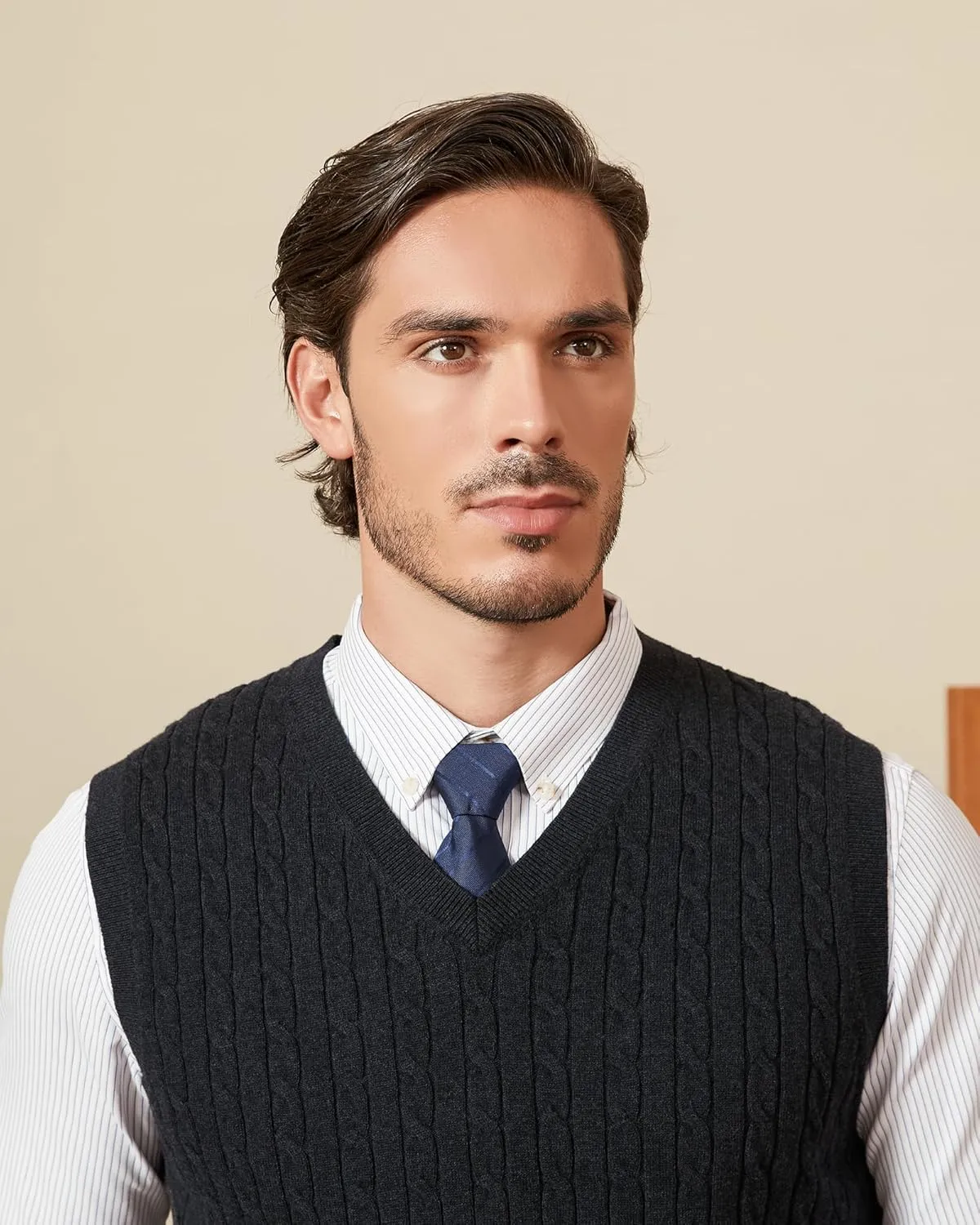 Kallspin Mens Cable Knit Sweater Vest Pure Cotton V-Neck Sleeveless Knitted Pullover for Fall Winter