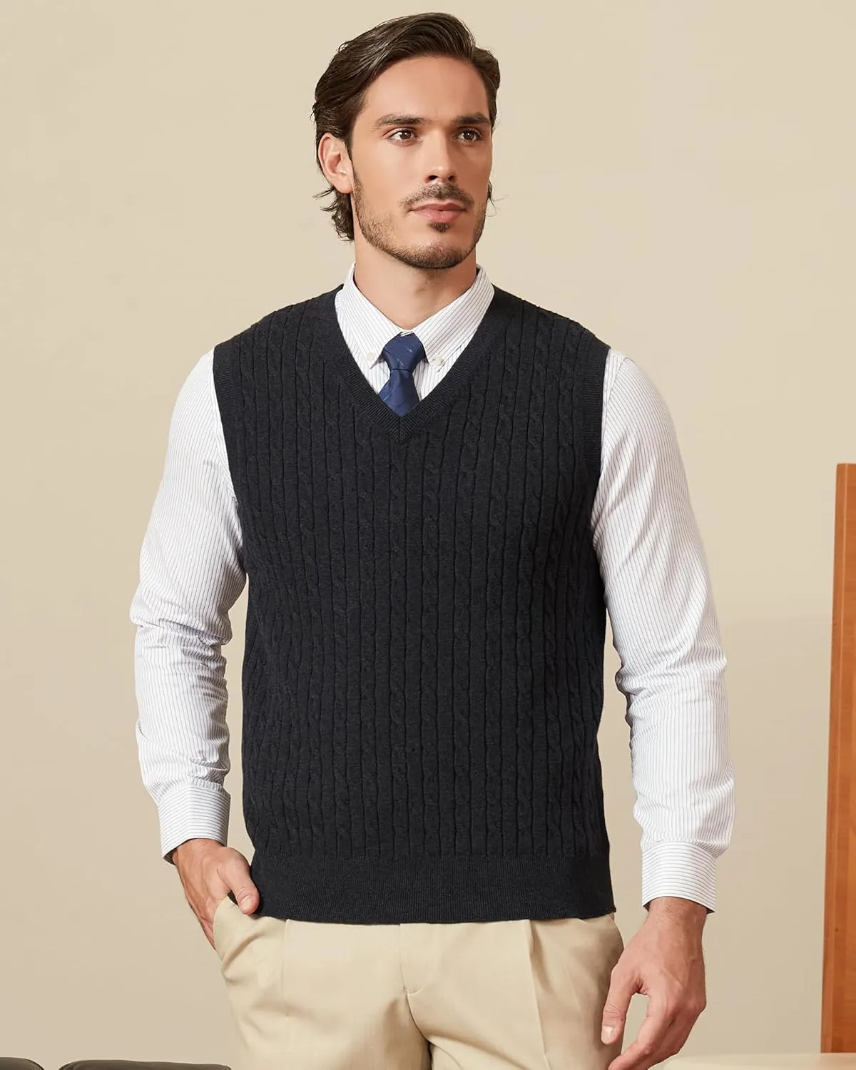 Kallspin Mens Cable Knit Sweater Vest Pure Cotton V-Neck Sleeveless Knitted Pullover for Fall Winter