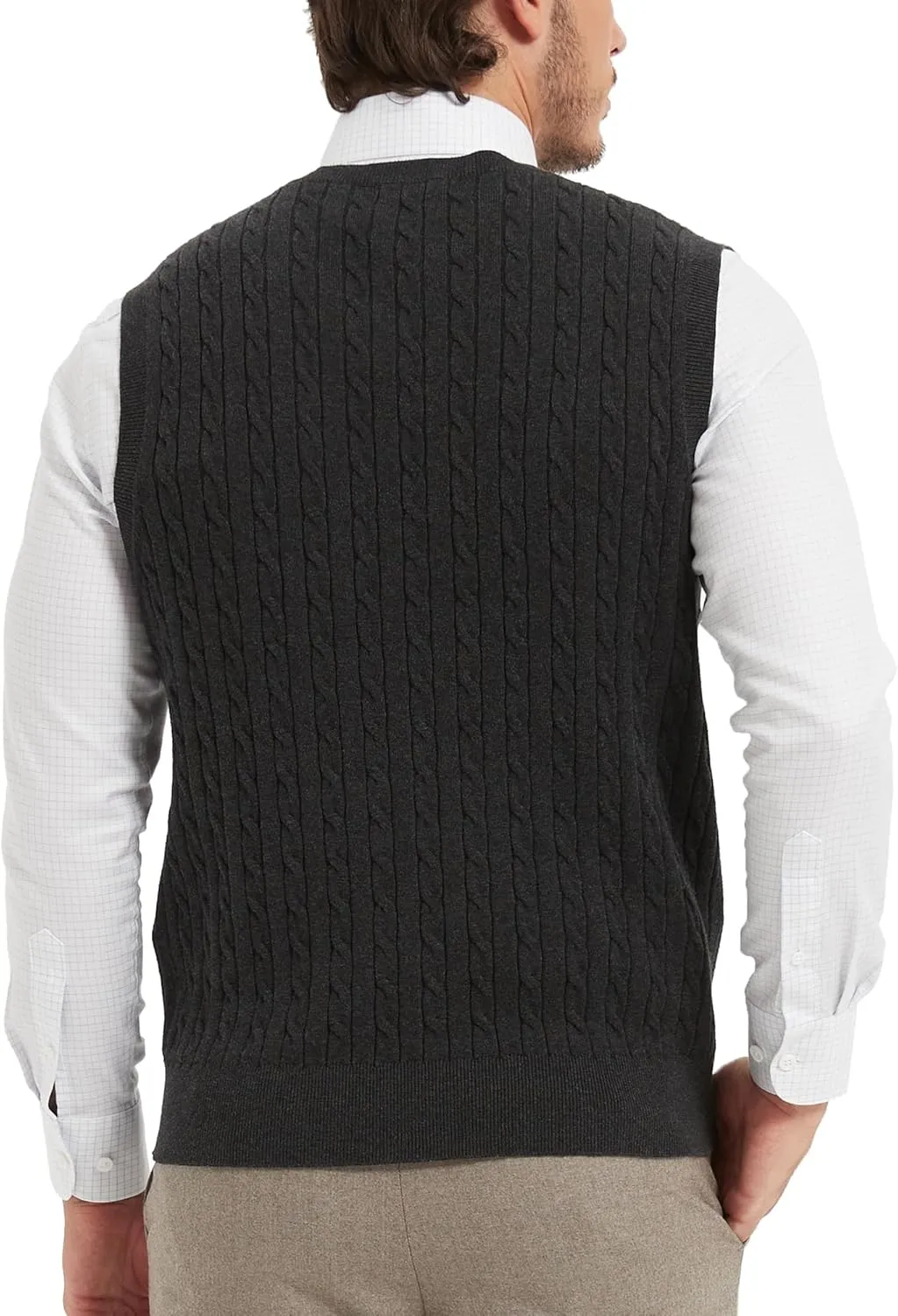 Kallspin Mens Cable Knit Sweater Vest Pure Cotton V-Neck Sleeveless Knitted Pullover for Fall Winter