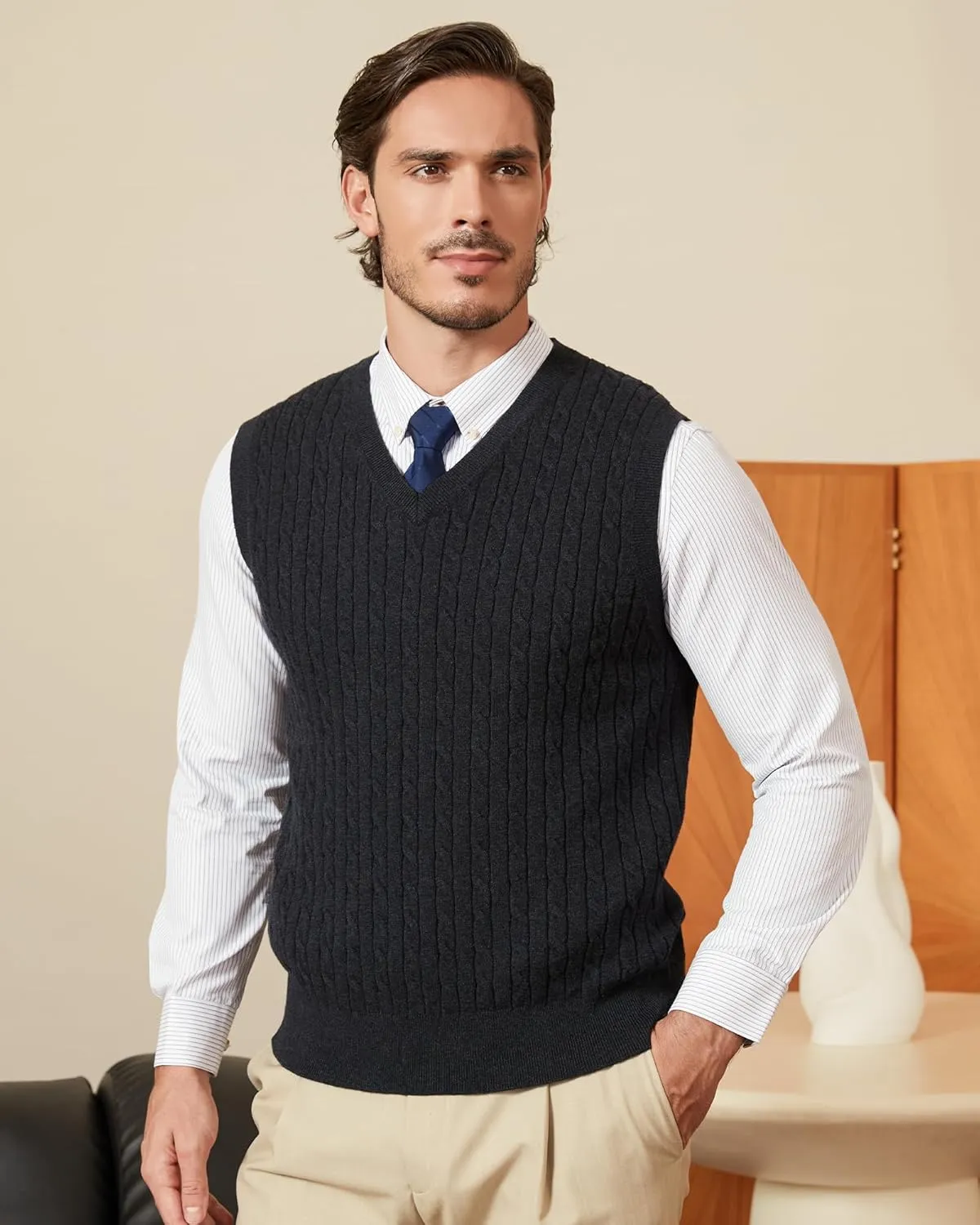 Kallspin Mens Cable Knit Sweater Vest Pure Cotton V-Neck Sleeveless Knitted Pullover for Fall Winter
