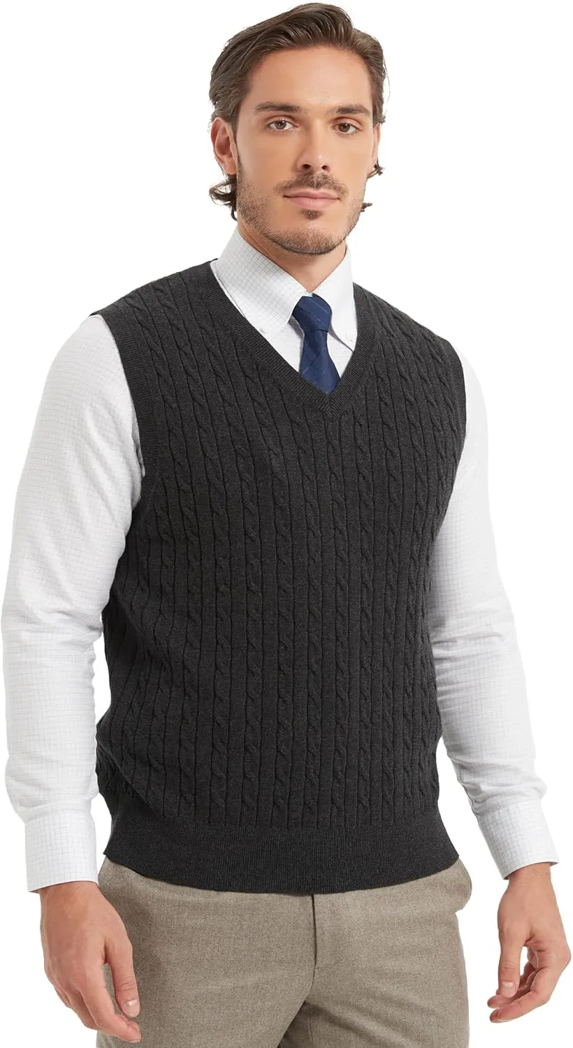 Kallspin Mens Cable Knit Sweater Vest Pure Cotton V-Neck Sleeveless Knitted Pullover for Fall Winter