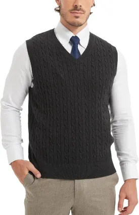 Kallspin Mens Cable Knit Sweater Vest Pure Cotton V-Neck Sleeveless Knitted Pullover for Fall Winter