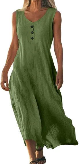 Linen Cotton Beach Dress for Women 2025 Summer Button Shirt Dress Casual Round Neck Dressy Trendy Long Dresses