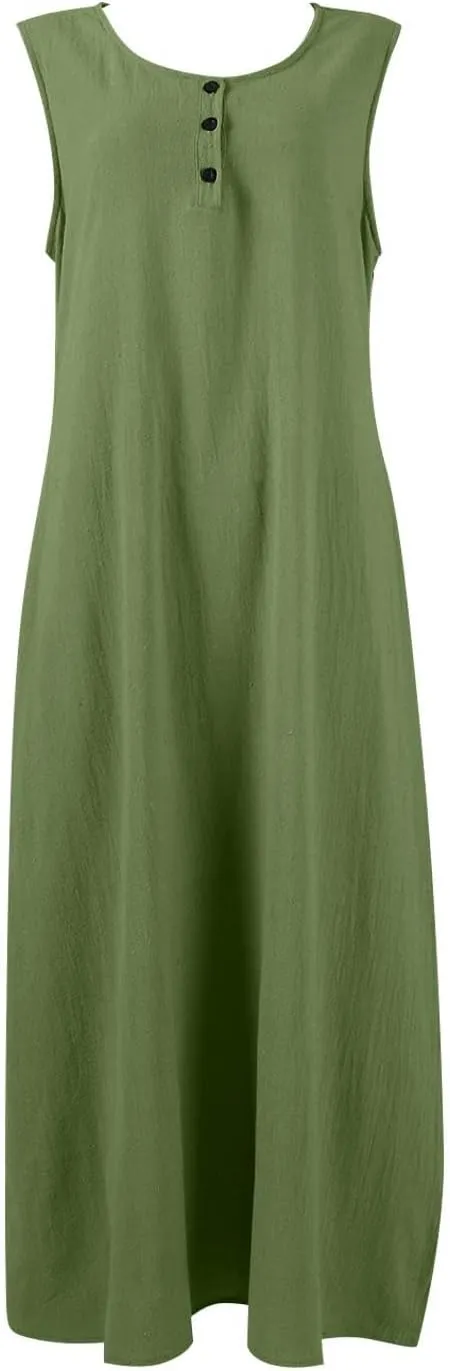 Linen Cotton Beach Dress for Women 2025 Summer Button Shirt Dress Casual Round Neck Dressy Trendy Long Dresses
