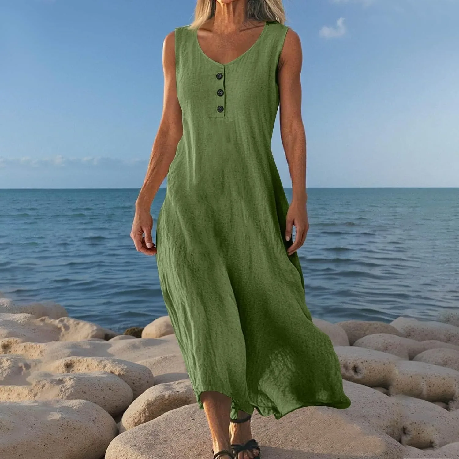 Linen Cotton Beach Dress for Women 2025 Summer Button Shirt Dress Casual Round Neck Dressy Trendy Long Dresses