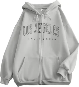 Los Angeles California Vintage Hoodies for Women Cool Zip Up Preppy Hooded Tops Fall Drawstring Letter Graphic Zipper