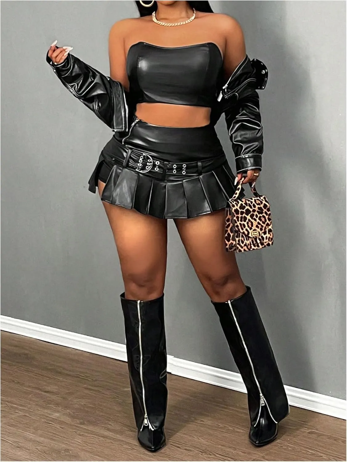 MakeMeChic Women's PU Leather Y2K Skirts Low Waisted Buckle Belted Pleated Mini Skater Skirts