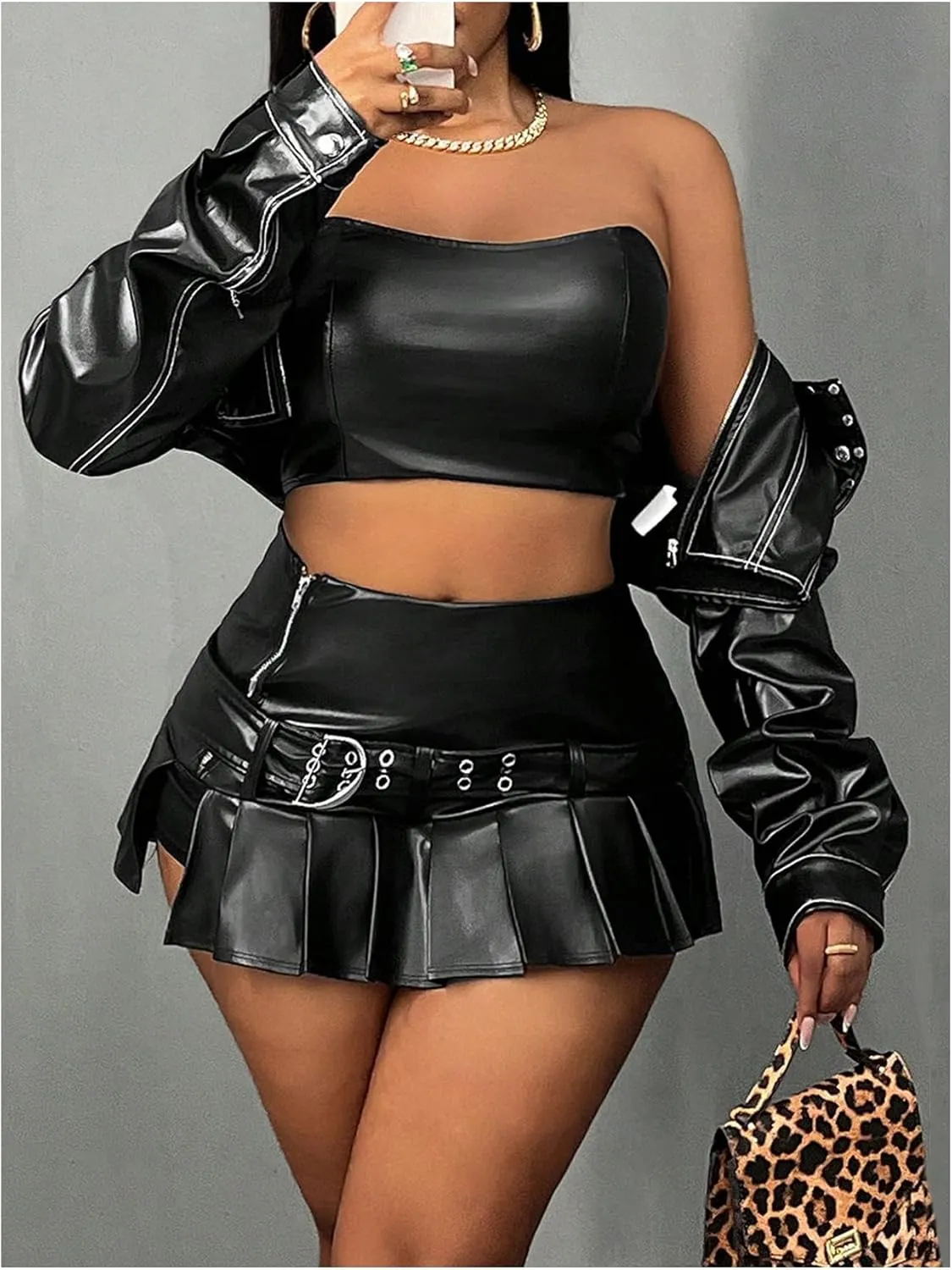 MakeMeChic Women's PU Leather Y2K Skirts Low Waisted Buckle Belted Pleated Mini Skater Skirts